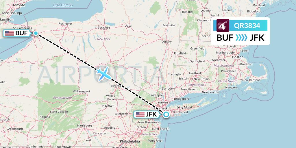 QR3834 Qatar Airways Flight Map: Buffalo to New York