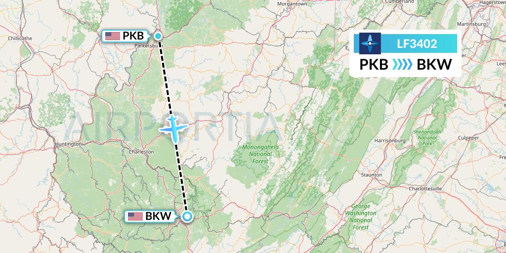 LF3402 Corporate Flight Management Flight Map: Parkersburg to Beckley