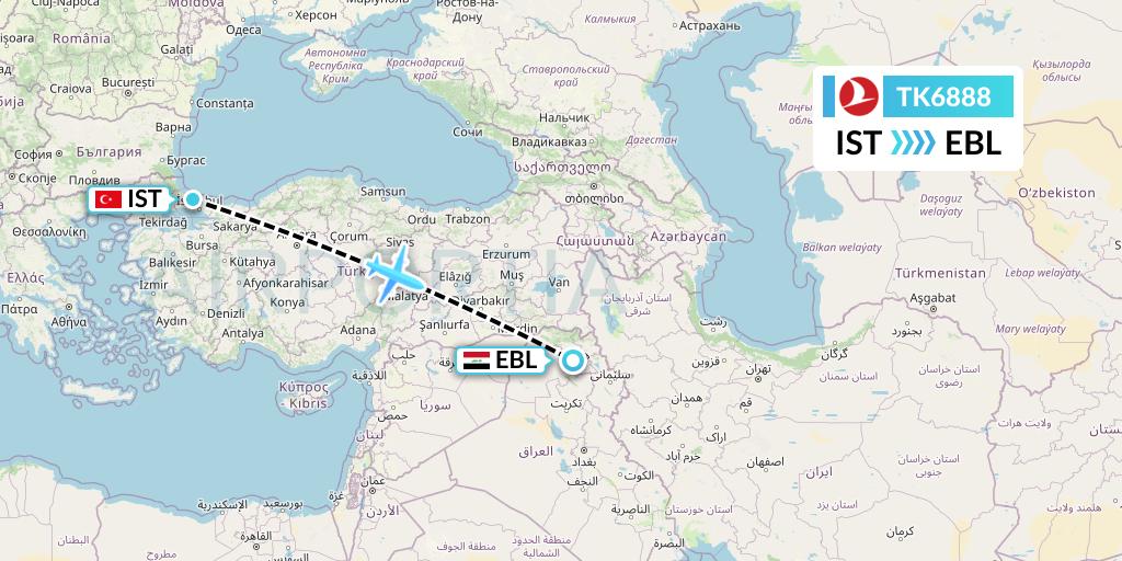 TK6888 Turkish Airlines Flight Map: Istanbul to Arbil