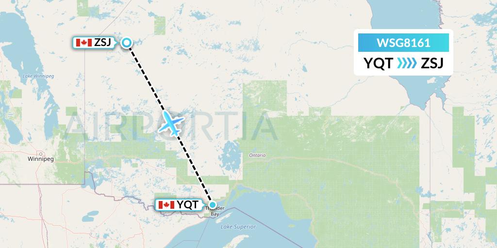 WSG8161 Wasaya Airways Flight Map: Thunder Bay to Sandy Lake