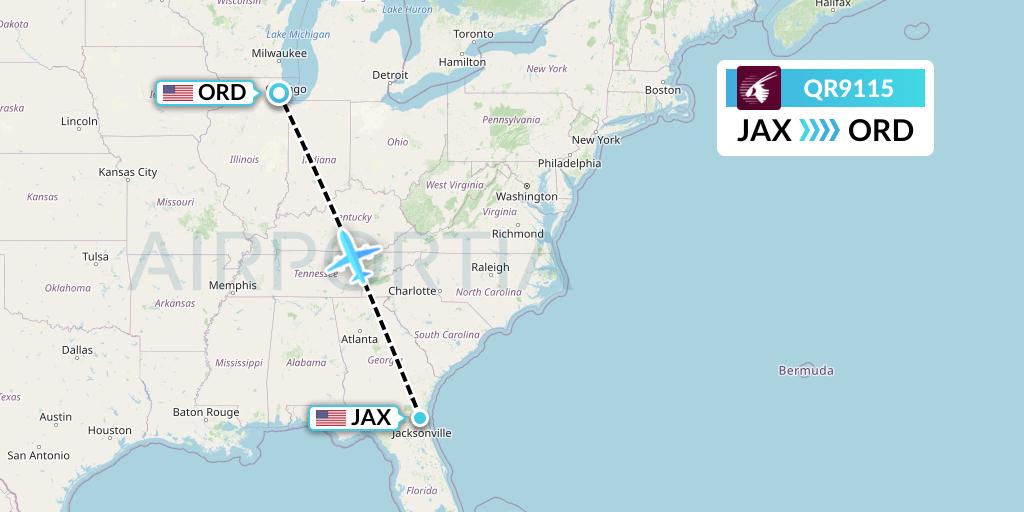 QR9115 Qatar Airways Flight Map: Jacksonville to Chicago