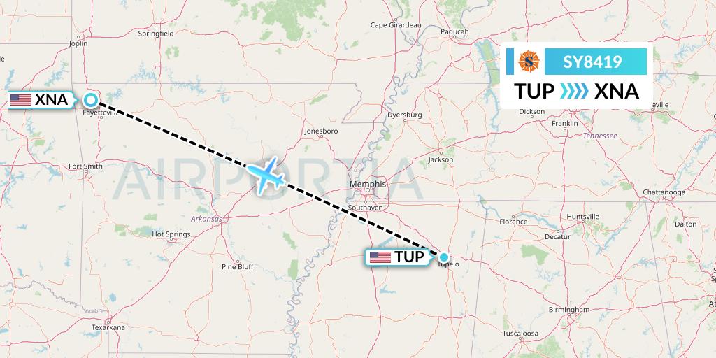 SY8419 Sun Country Airlines Flight Map: Tupelo to Bentonville