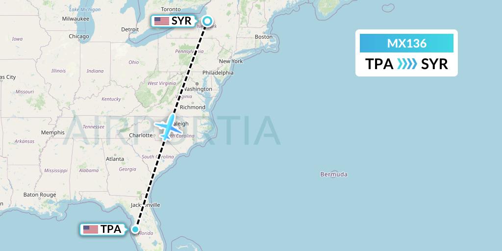 MX136 Breeze Airways Flight Map: Tampa to Syracuse