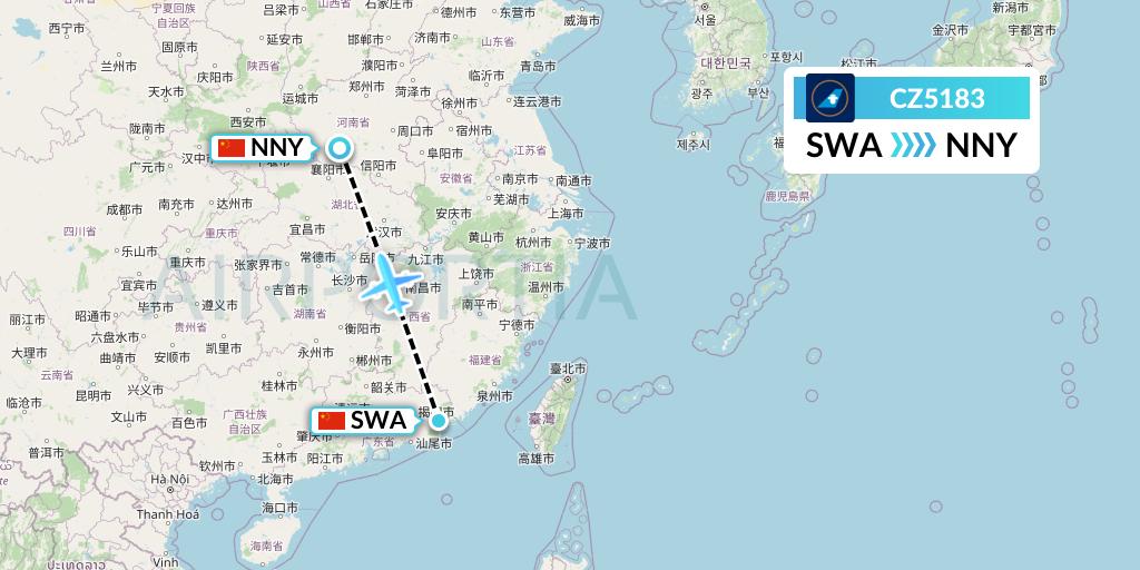 CZ5183 China Southern Airlines Flight Map: Jieyang to Nanyang