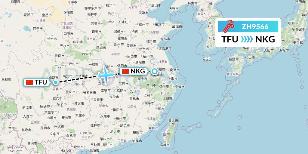 ZH9566 Shenzhen Airlines Flight Map: Chengdu to Nanjing