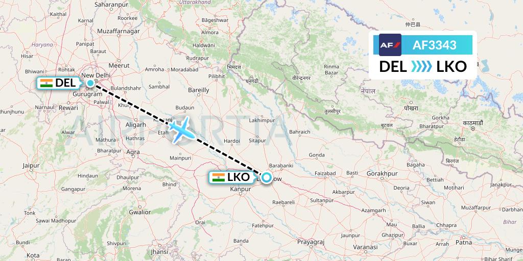 AF3343 Air France Flight Map: Delhi to Lucknow