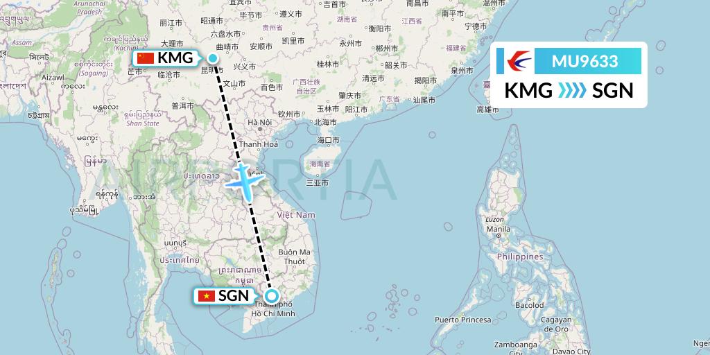 MU9633 China Eastern Airlines Flight Map: Kunming to Ho Chi Minh City