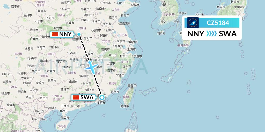 CZ5184 China Southern Airlines Flight Map: Nanyang to Jieyang