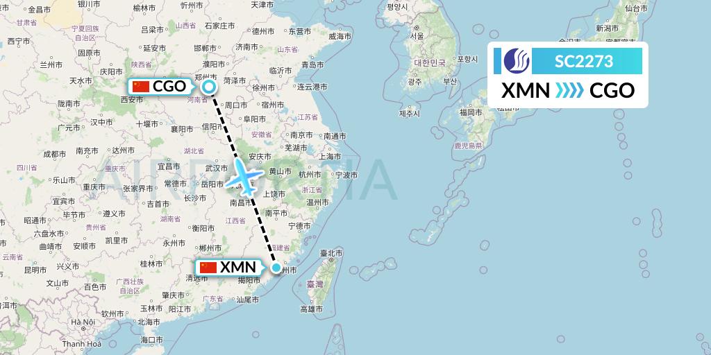 SC2273 Shandong Airlines Flight Map: Xiamen to Zhengzhou