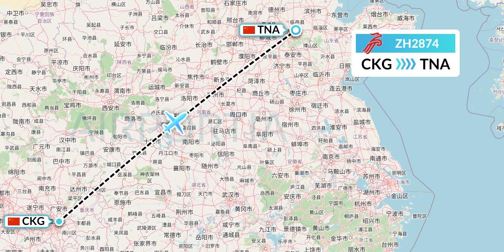 ZH2874 Shenzhen Airlines Flight Map: Chongqing to Jinan