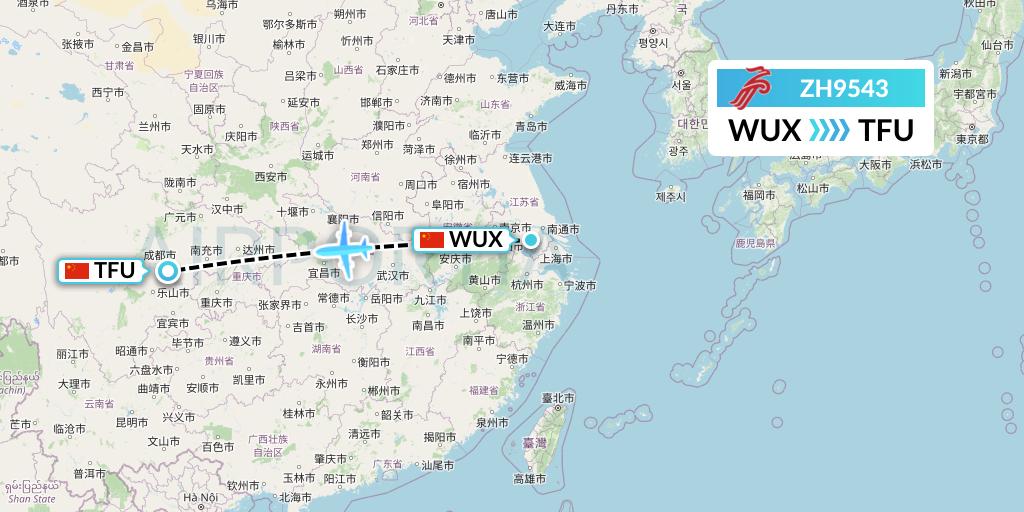 ZH9543 Shenzhen Airlines Flight Map: Wuxi to Chengdu