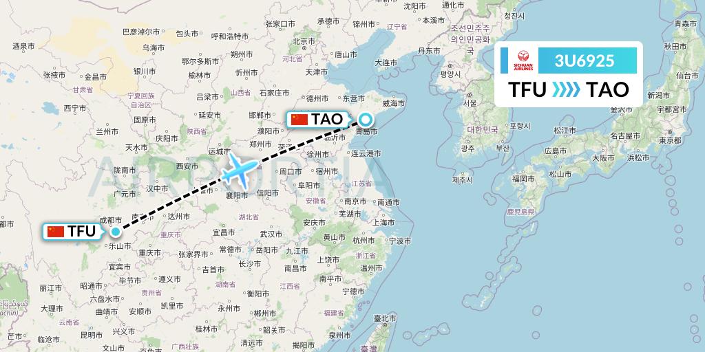 3U6925 Sichuan Airlines Flight Map: Chengdu to Qingdao