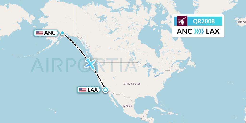 QR2008 Qatar Airways Flight Map: Anchorage to Los Angeles