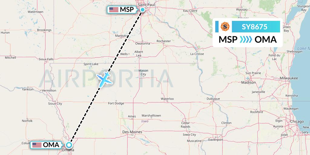 SY8675 Sun Country Airlines Flight Map: Minneapolis to Omaha