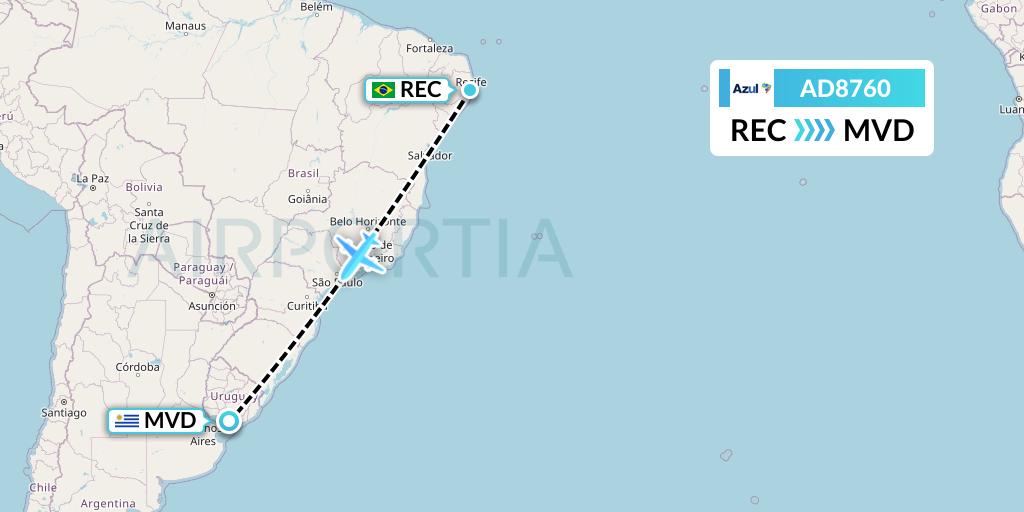 AD8760 Azul Brazilian Airlines Flight Map: Recife to Montevideo