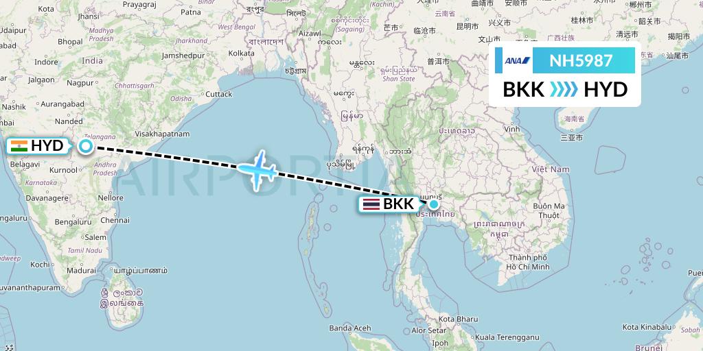 NH5987 All Nippon Airways Flight Map: Bangkok to Hyderabad