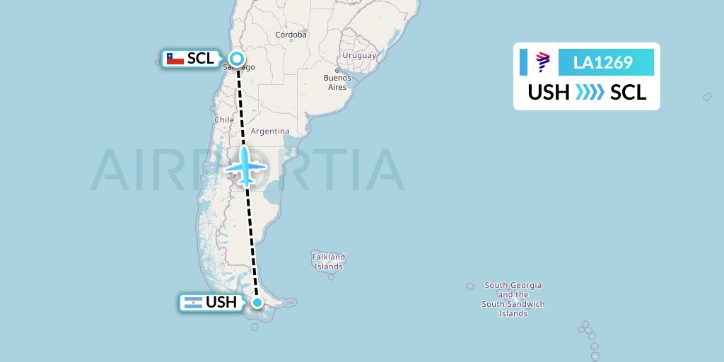 LA1269 LAN Airlines Flight Map: Ushuaia to Santiago