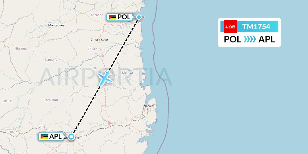 TM1754 LAM Mozambique Airlines Flight Map: Pemba to Nampula