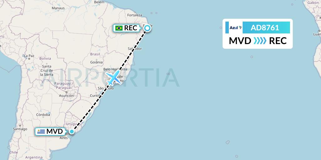 AD8761 Azul Brazilian Airlines Flight Map: Montevideo to Recife