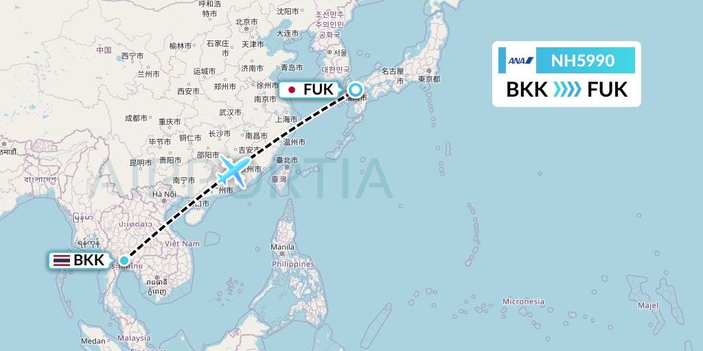 NH5990 All Nippon Airways Flight Map: Bangkok to Fukuoka