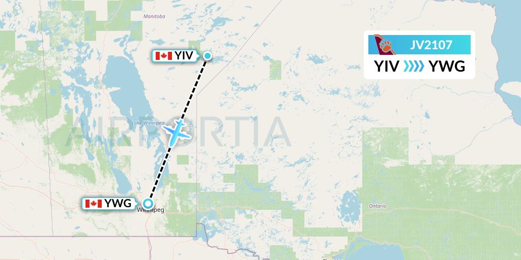JV2107 Bearskin Airlines Flight Map: Island Lake to Winnipeg