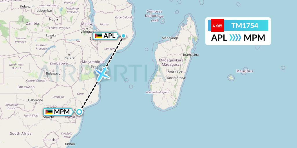 TM1754 LAM Mozambique Airlines Flight Map: Nampula to Maputo