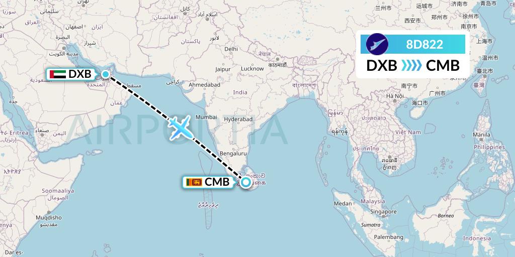 8D822 FitsAir Flight Map: Dubai to Colombo