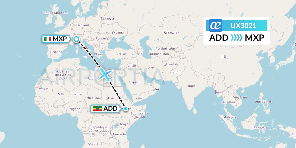UX3021 Air Europa Flight Map: Addis Ababa to Milan
