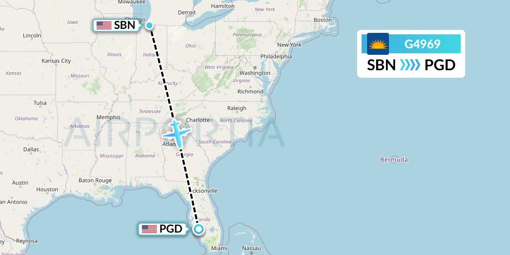 G4969 Allegiant Air Flight Map: South Bend to Punta Gorda