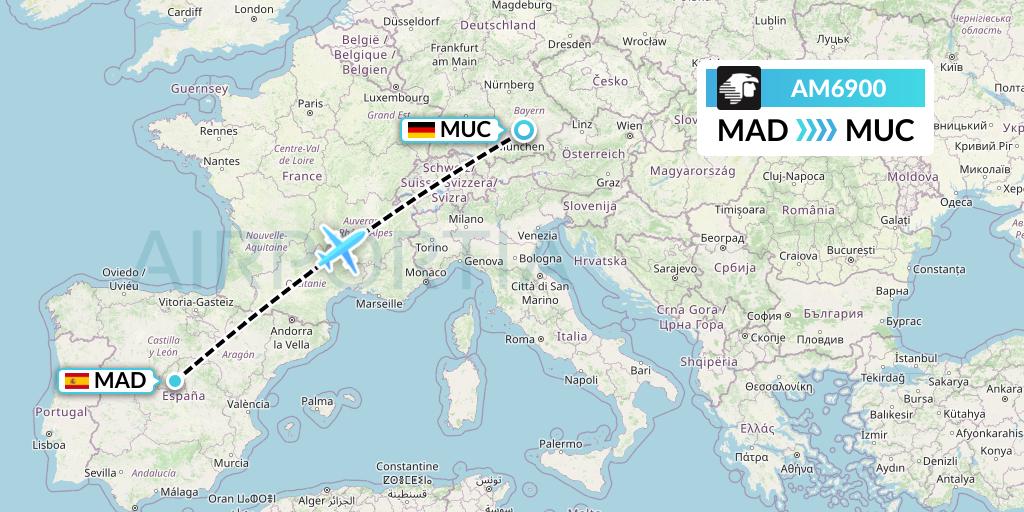 AM6900 Aeromexico Flight Map: Madrid to Munich