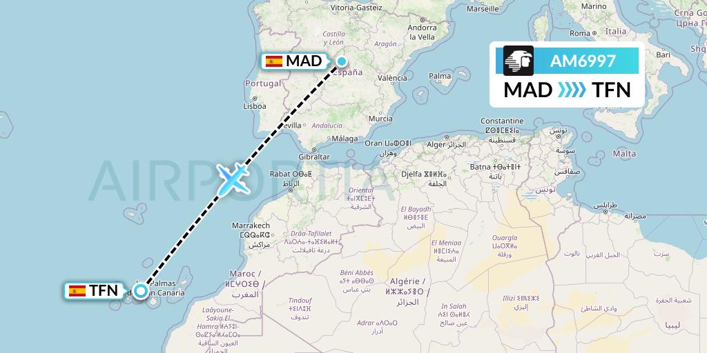 AM6997 Aeromexico Flight Map: Madrid to Tenerife