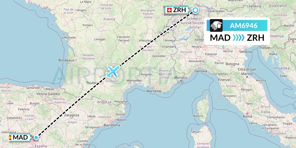 AM6946 Aeromexico Flight Map: Madrid to Zurich