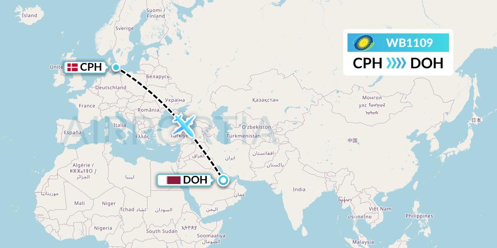 WB1109 RwandAir Flight Map: Copenhagen to Doha