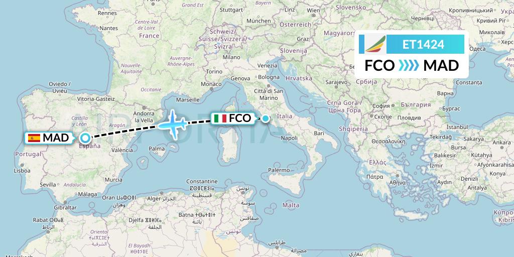 ET1424 Ethiopian Airlines Flight Map: Rome to Madrid