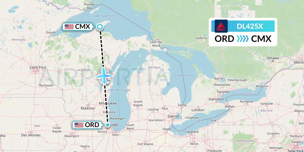 DL425X Delta Air Lines Flight Map: Chicago to Hancock
