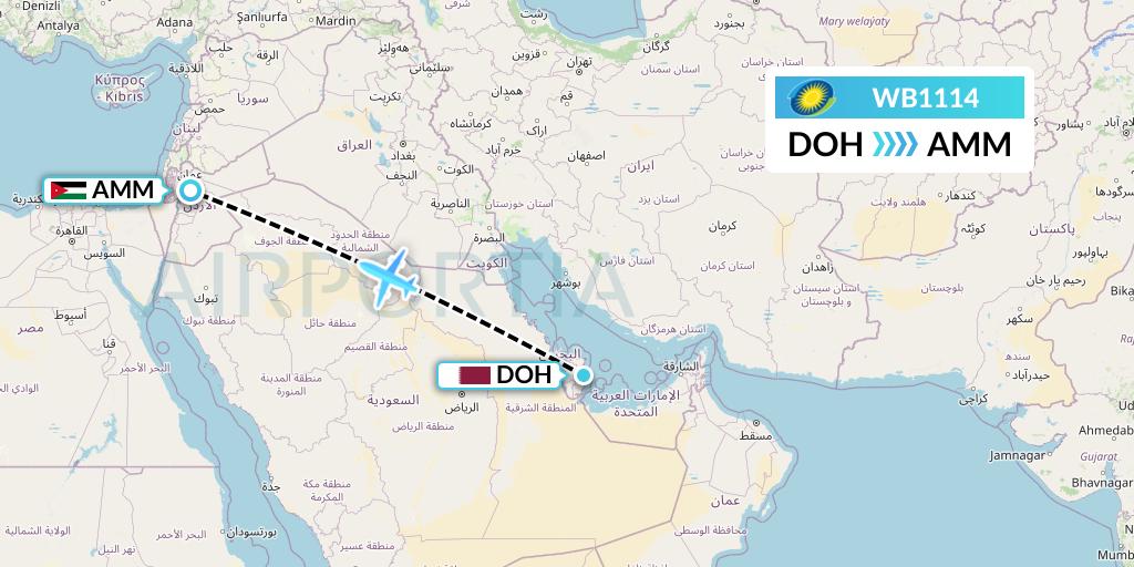 WB1114 RwandAir Flight Map: Doha to Amman