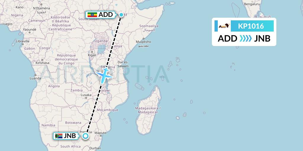 KP1016 ASKY Flight Map: Addis Ababa to Johannesburg