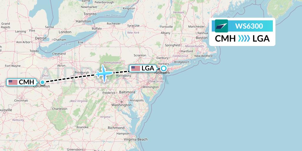 WS6300 WestJet Flight Map: Columbus to New York