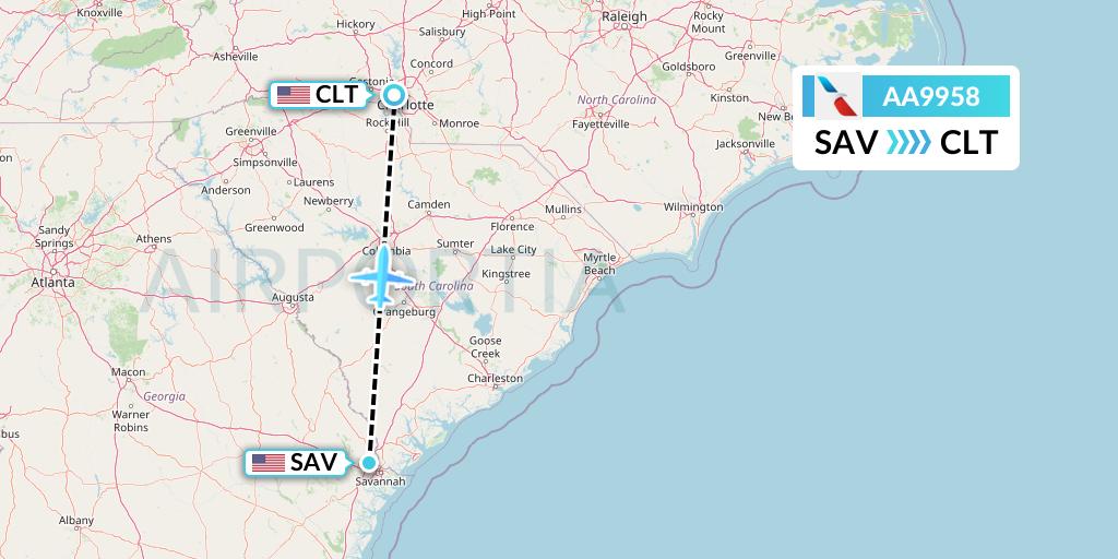 AA9958 American Airlines Flight Map: Savannah to Charlotte