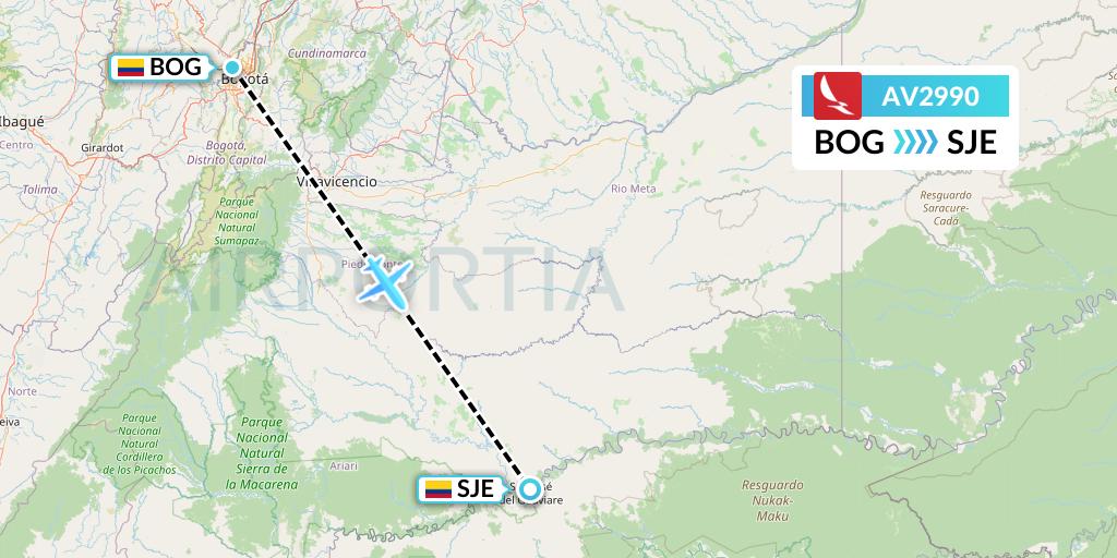 AV2990 Avianca Flight Map: Bogota to San Jose Del Guaviare