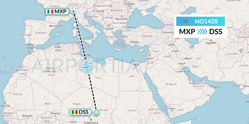NO1420 Neos Flight Map: Milan to Dakar