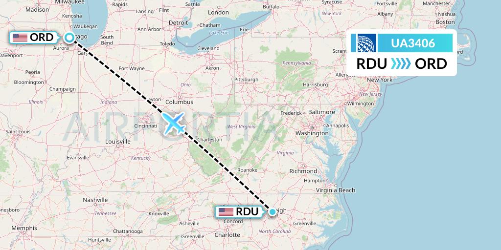 UA3406 United Airlines Flight Map: Raleigh-Durham to Chicago