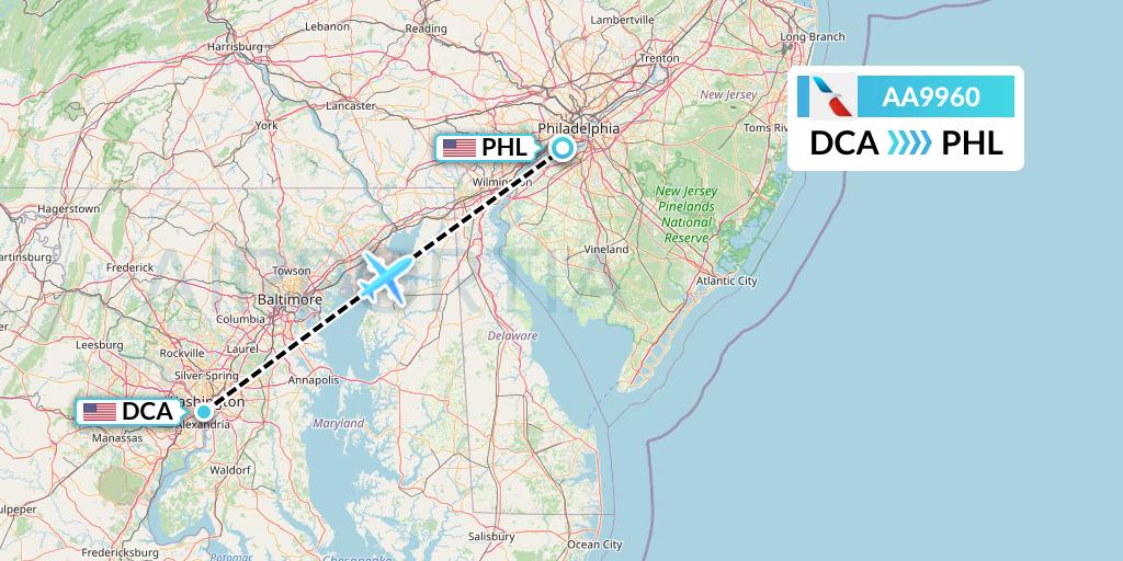 AA9960 American Airlines Flight Map: Washington to Philadelphia