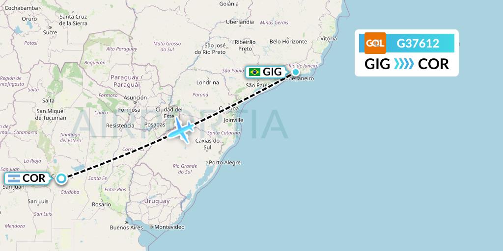 G37612 GOL Transportes Aeros Flight Map: Rio de Janeiro to Cordoba