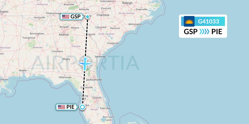G41033 Allegiant Air Flight Map: Greenville-Spartanburg to St. Petersburg