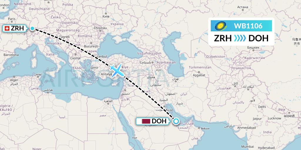 WB1106 RwandAir Flight Map: Zurich to Doha