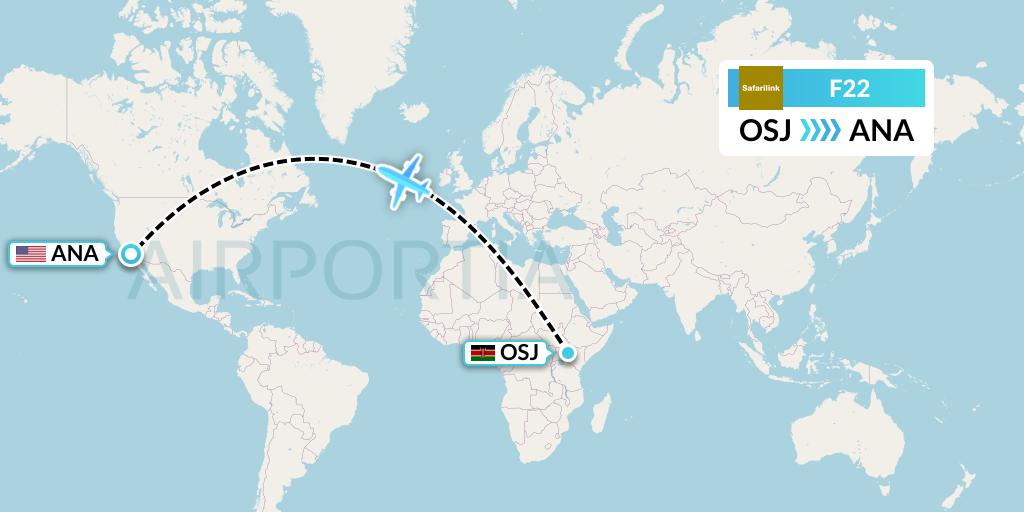 F22 Safarilink Aviation Flight Map: Nairobi to Anaheim