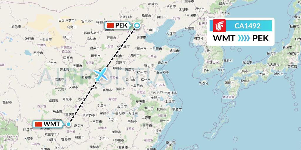 CA1492 Air China Flight Map: Zunyi to Beijing