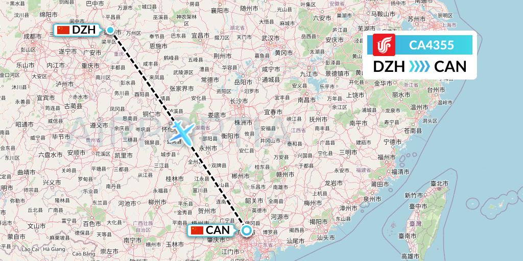 CA4355 Air China Flight Map: Dazhou to Guangzhou