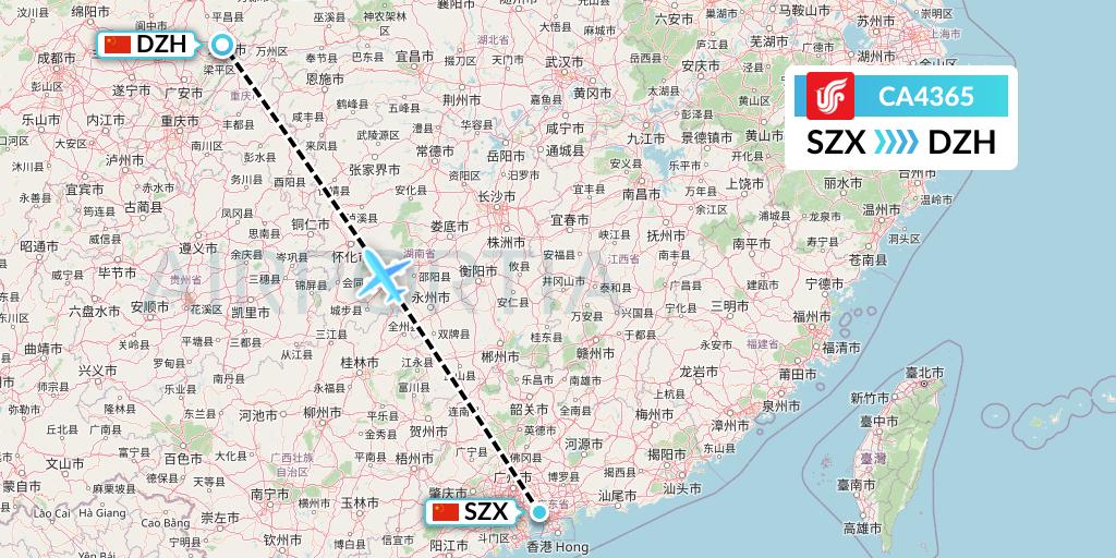 CA4365 Air China Flight Map: Shenzhen to Dazhou